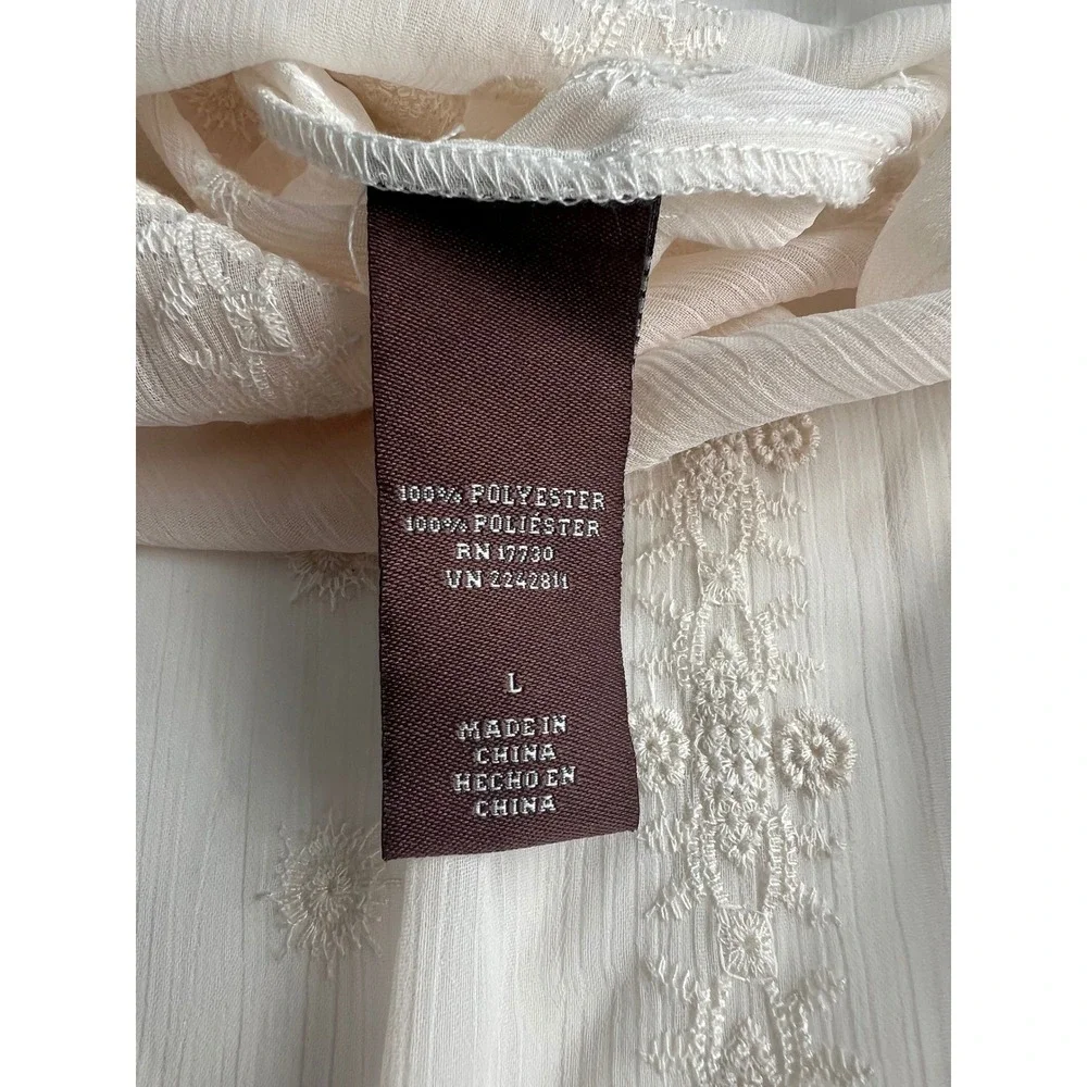 Women's Size Large Sheer Cream Embroidered Tunic Top High Low Boho Festival - Picture 6 of 10